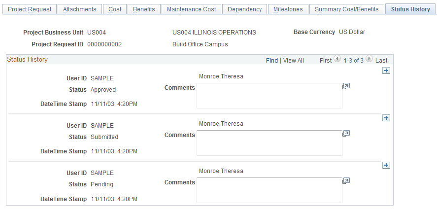 Status History page