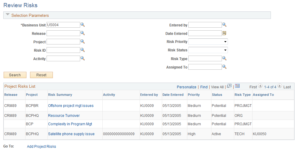Review Risks page
