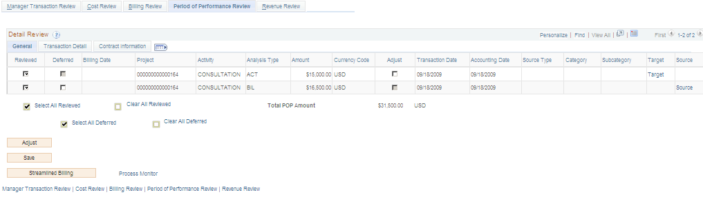Period of Performance Review: General tab