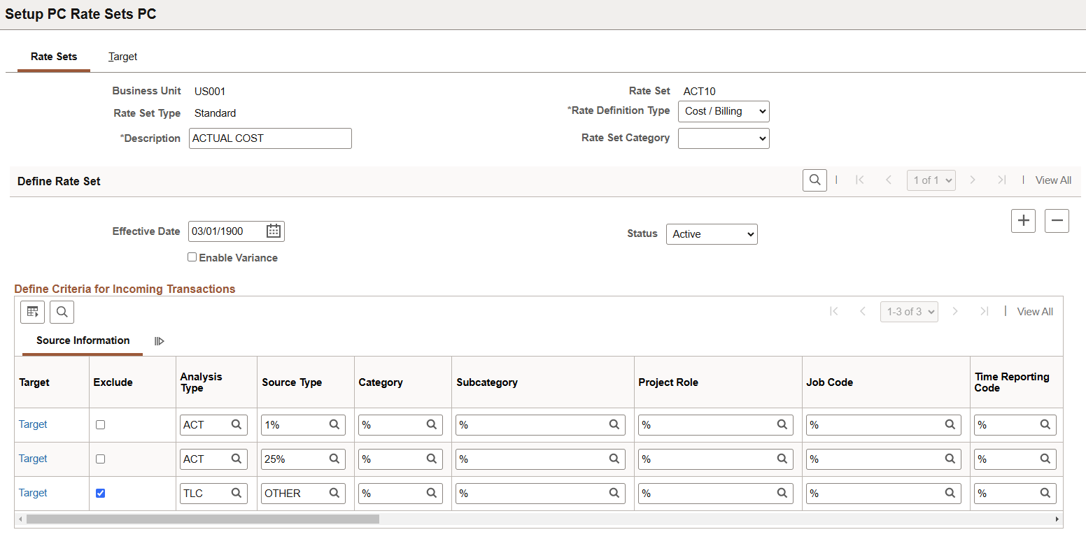 Rate Sets page