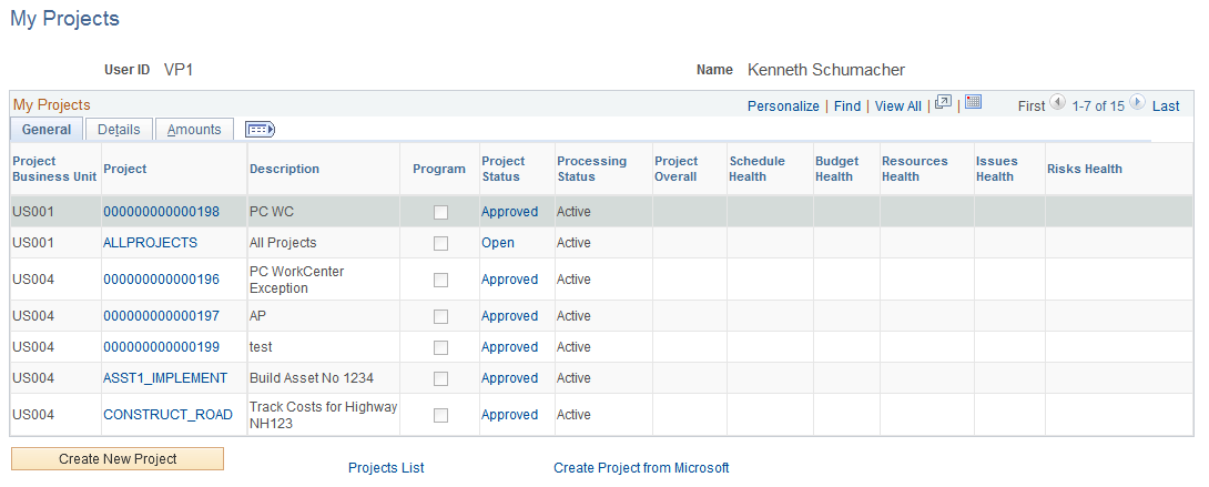 My Projects page