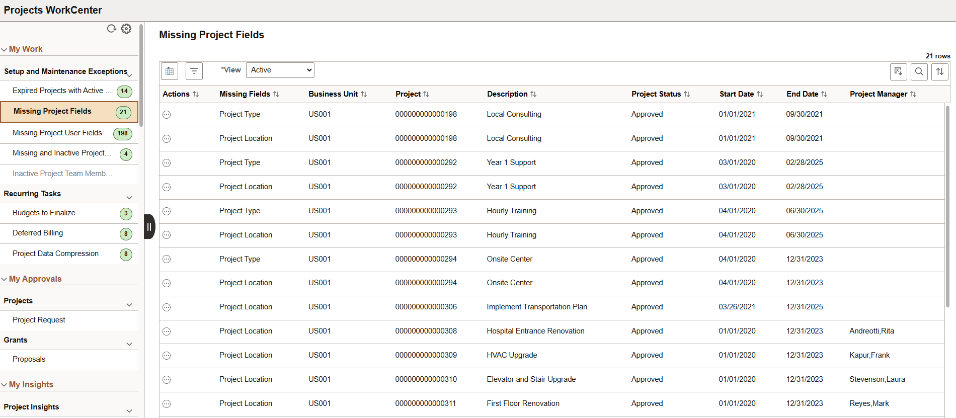 Projects WorkCenter - Missing Project Fields (Work Management)