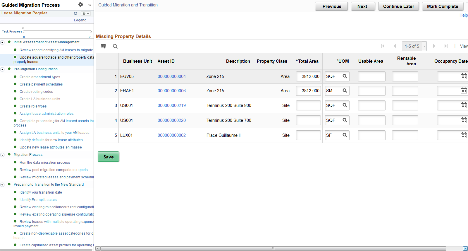 Update Square Footage and Other Property Data Property Leases page