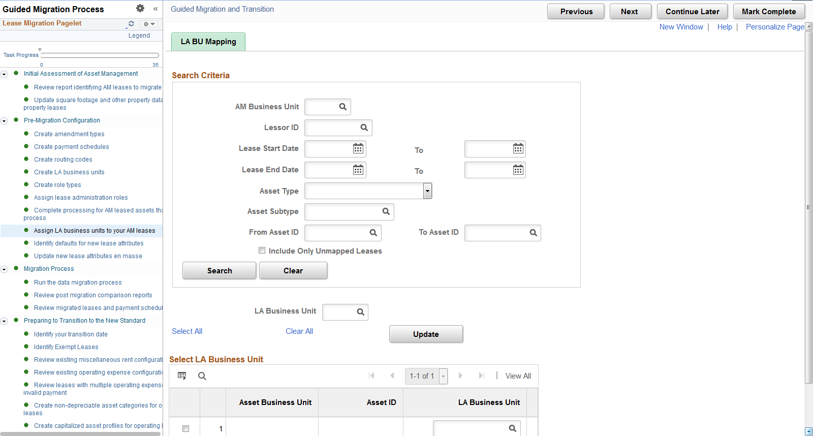 Assign LA Business Units to Your AM Leases page