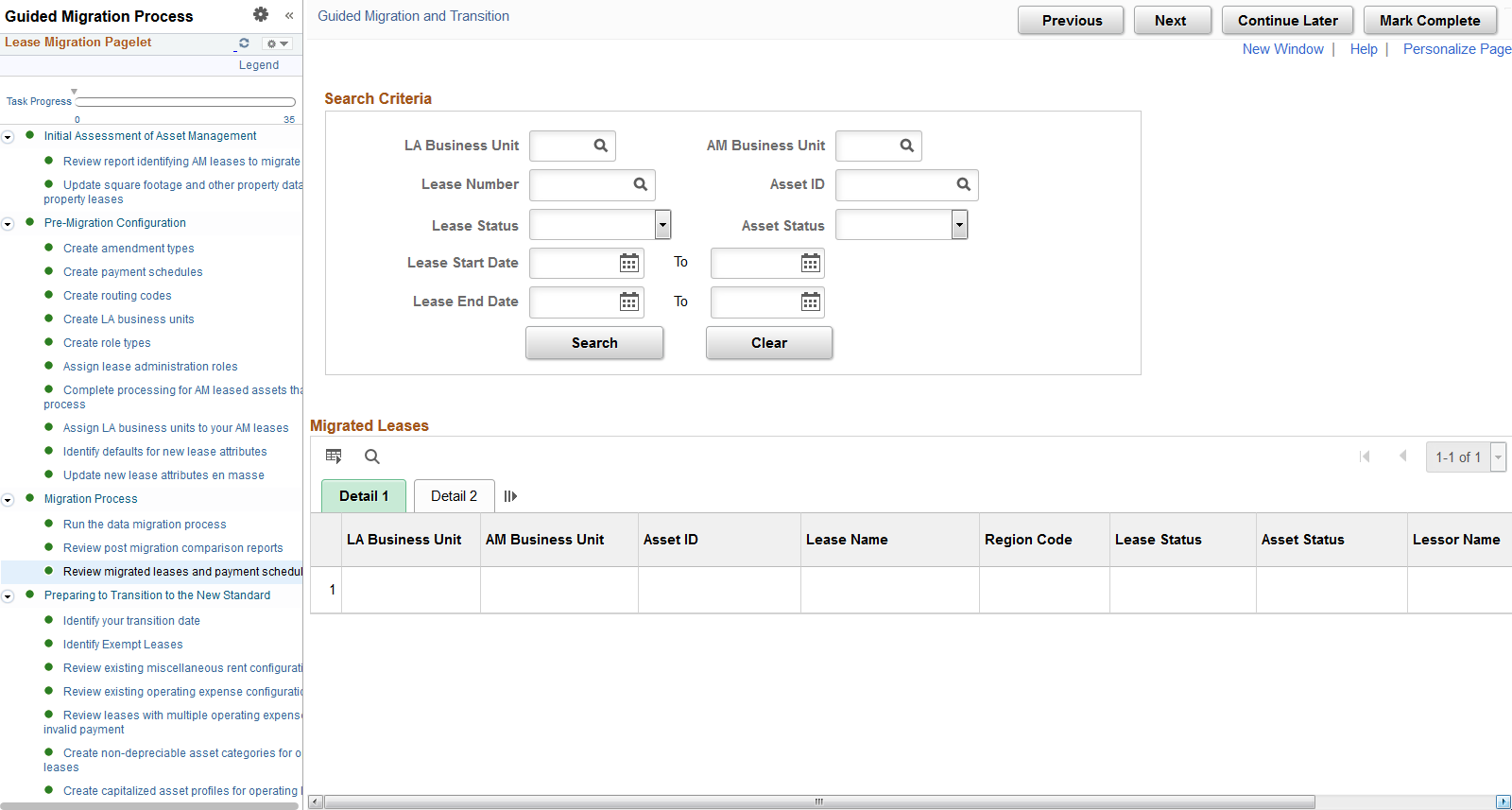 Review Migrated Leases and Payment Schedule page