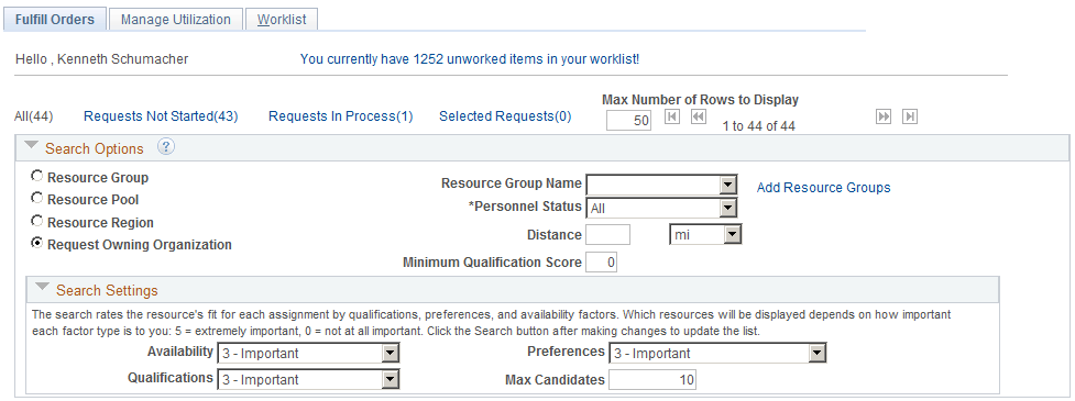 Search Options and Search Settings collapsible group boxes on the Staffing Workbench - Fulfill Orders page