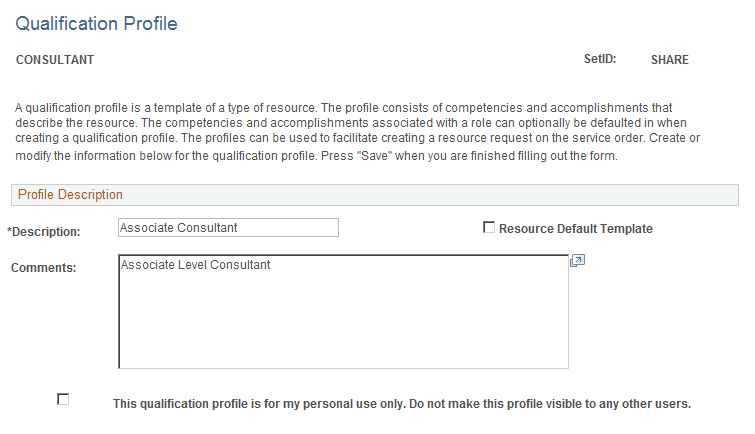 Profile Description group box on the Qualification Profile page