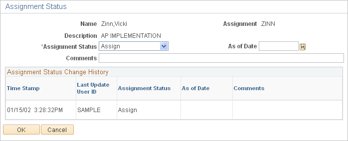 Assign Resource - Assignment Status page