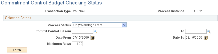 Commitment Control Budget Checking Status page