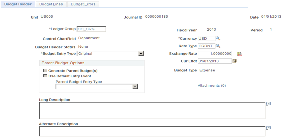 Budget Header page
