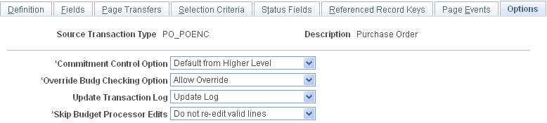 Source Transactions - Options page