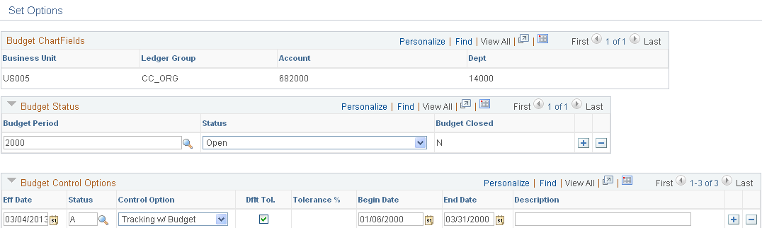 Set Options page