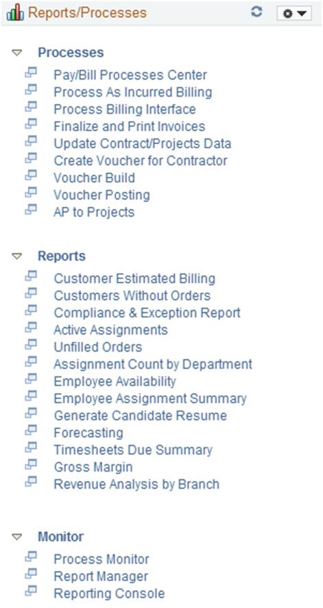 Staffing WorkCenter - Reports/Processes page