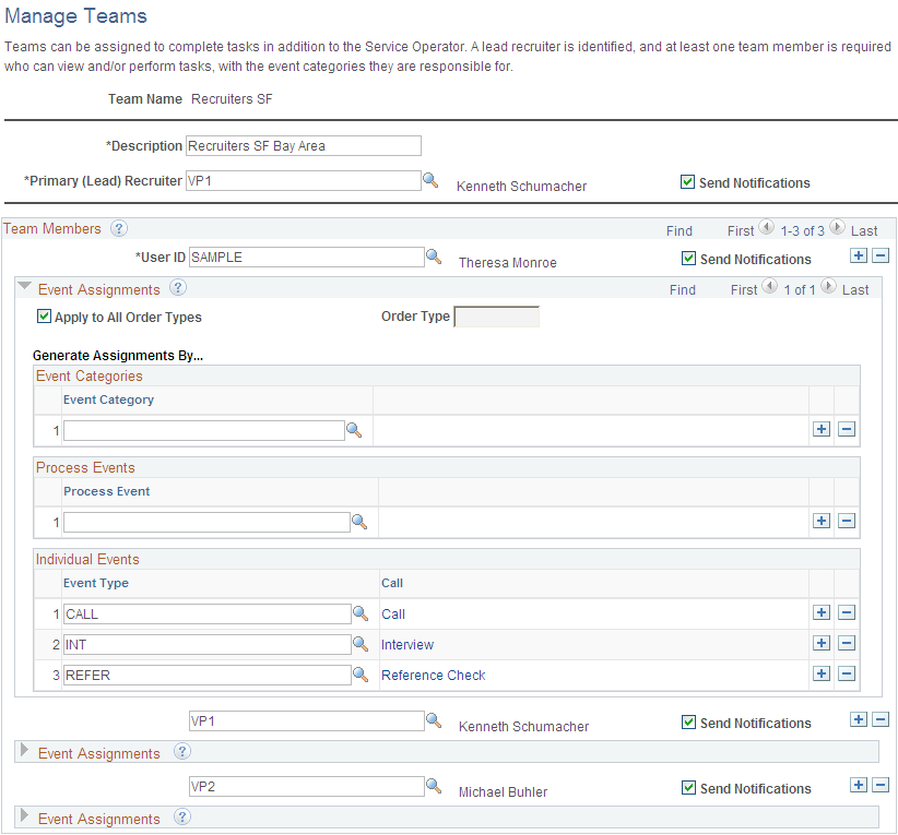 Manage Teams page