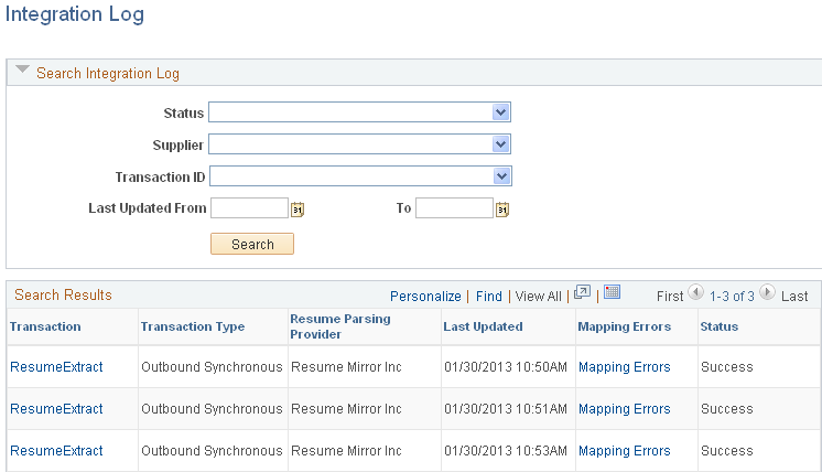 Integration Log page