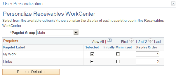 User Personalization - Personalize (Application) WorkCenter page