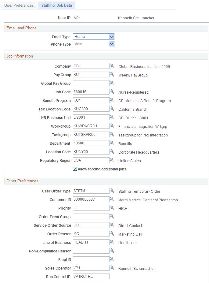 Staffing - Job Data page