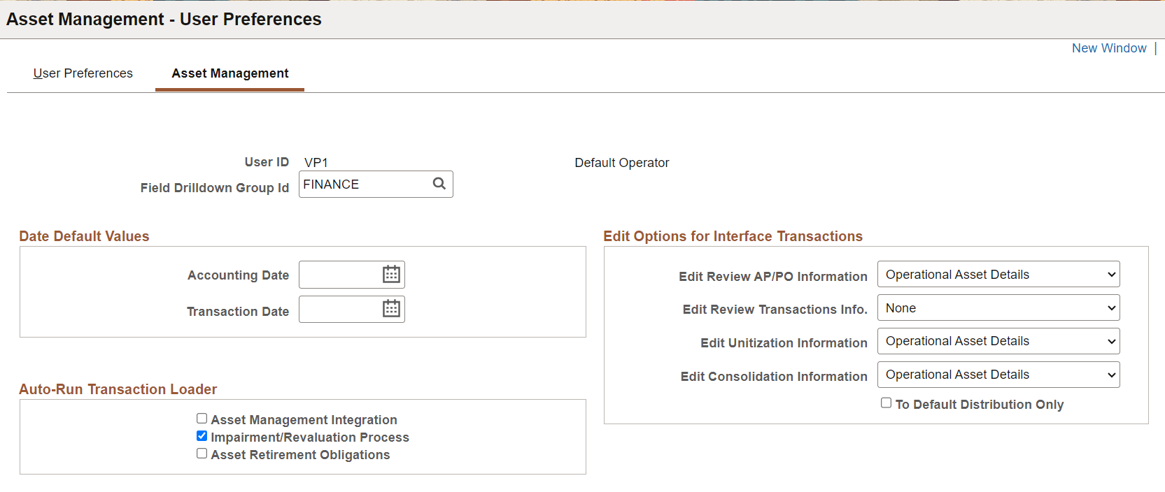 Asset Management - User Preferences page (1 of 2)
