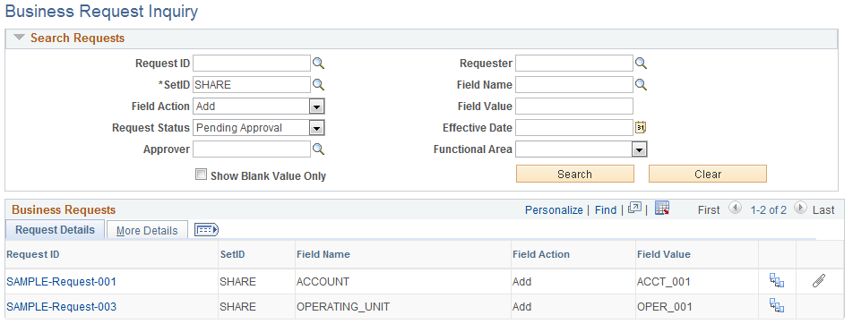 Business Request Inquiry page