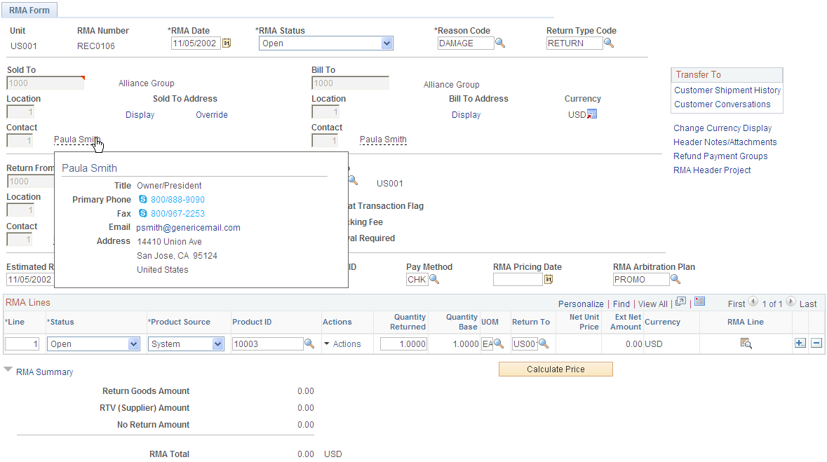 Example of Sold To Customer Contact popup page