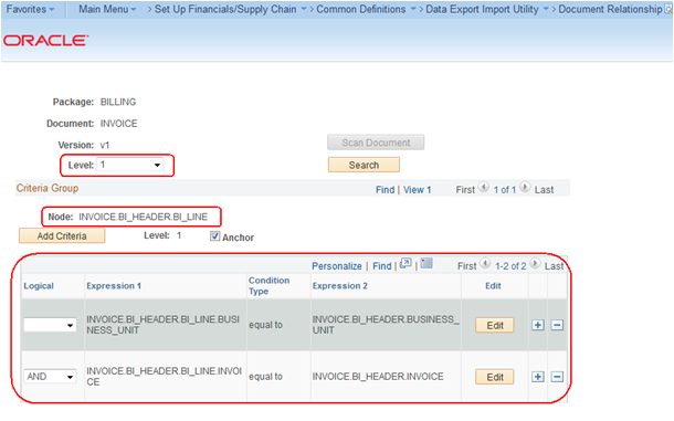 Example of a Parent-Child Relationship on the Document Relationship page