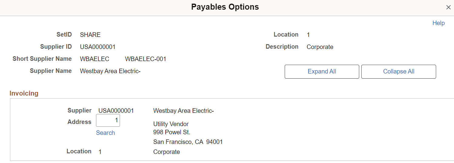 Supplier Information - Payables Options page (1 of 2)