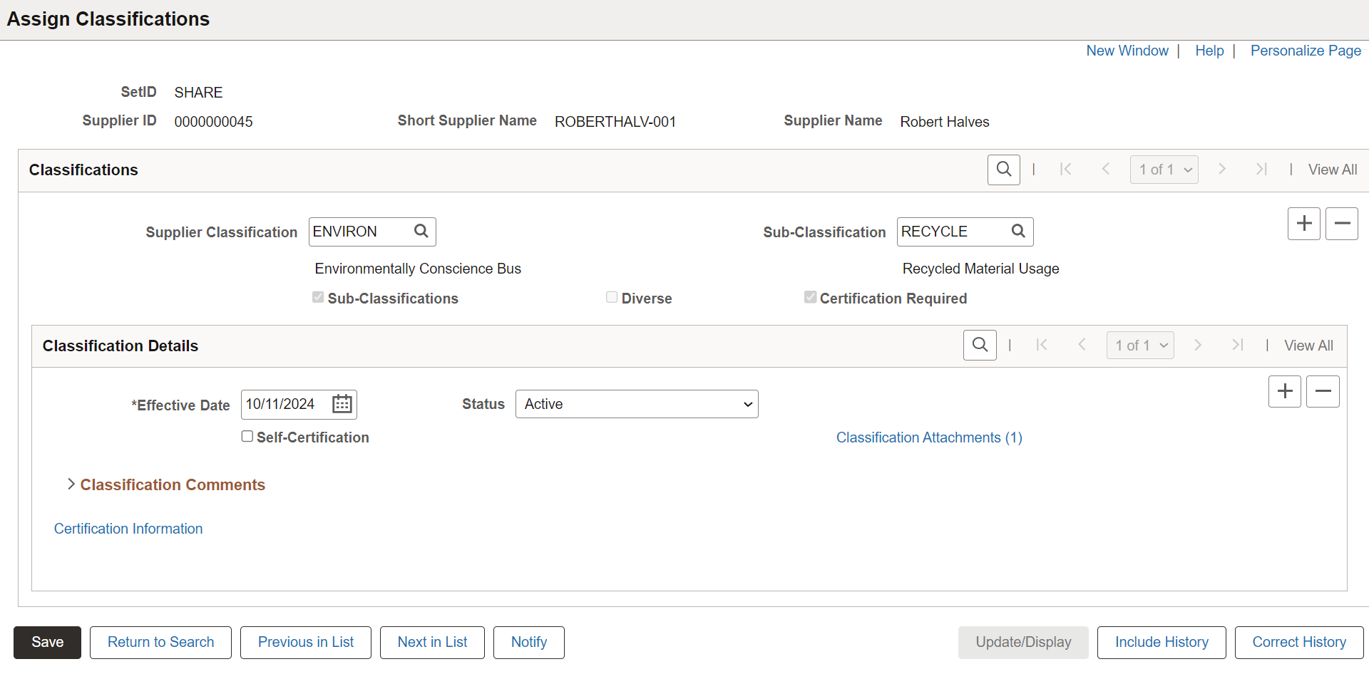 Assign Classifications page