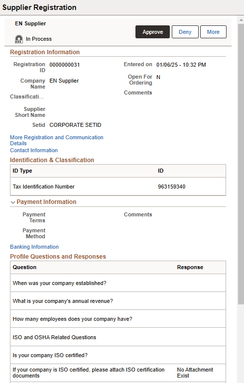 Supplier Registration header approval page as displayed on a smartphone