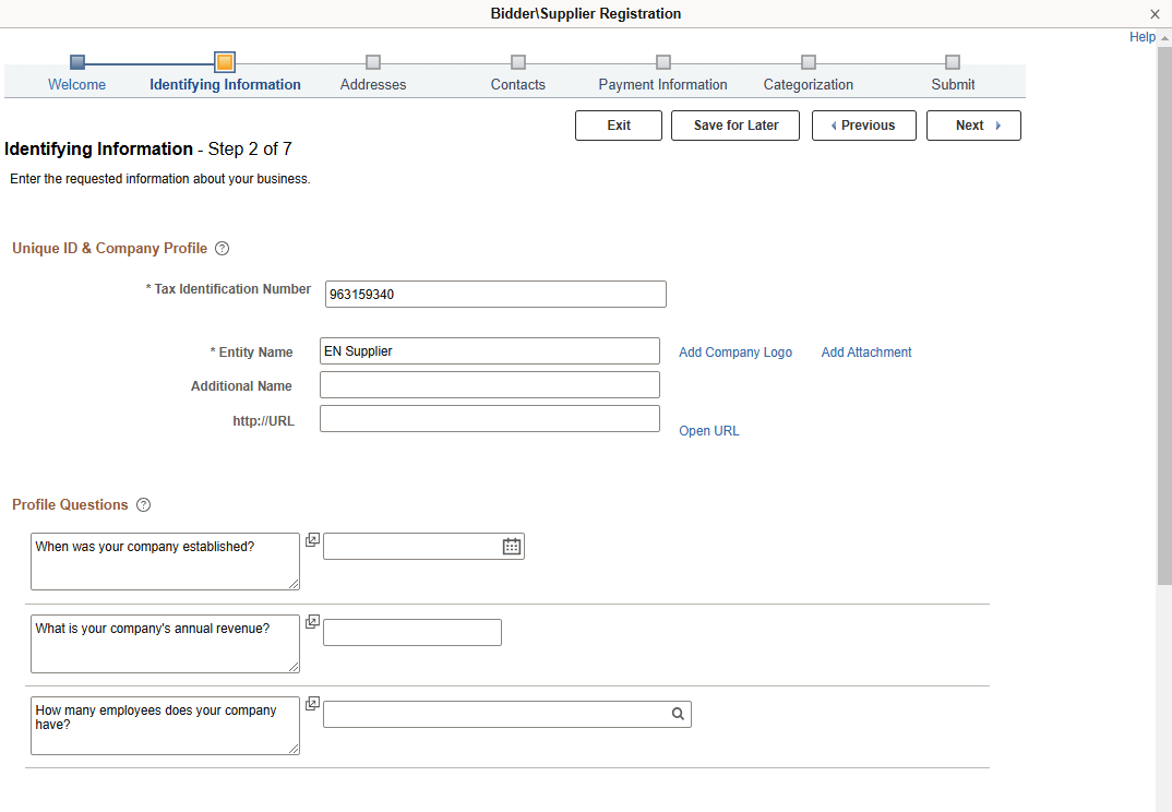 Online Registration Identifying Information page for a new bidder or new supplier (1 of 2)