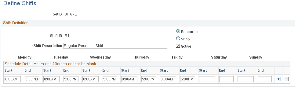 Define Shifts page