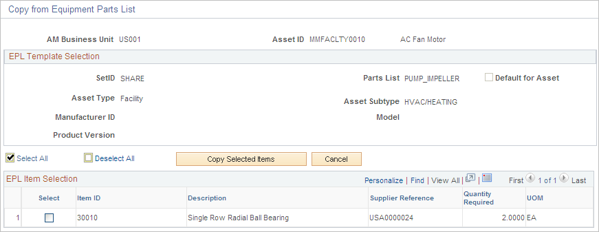 Equipment Parts List Selection page