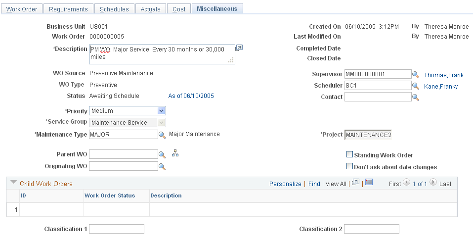 Work Order - Miscellaneous page
