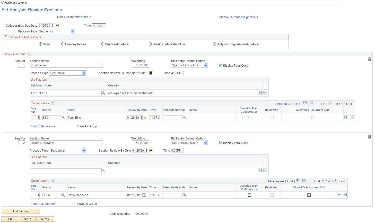 Bid Analysis Review Sections page