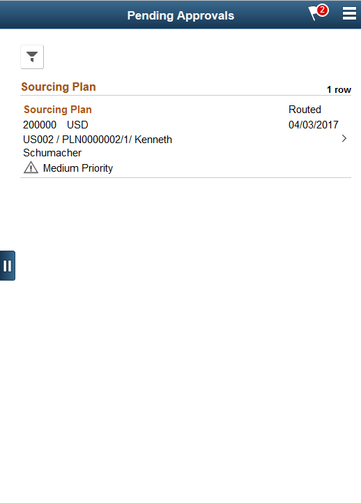 Pending Approvals - Sourcing Plans list page as displayed on a smartphone