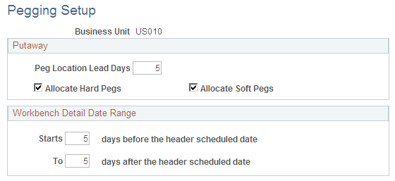 Pegging Setup page
