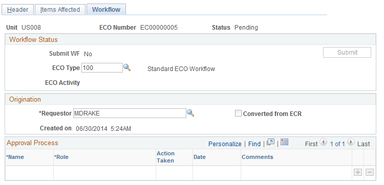 Maintain ECOs - Workflow page