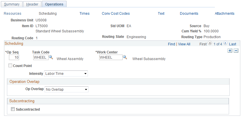 Define Engineering Routings - Operations: Scheduling page