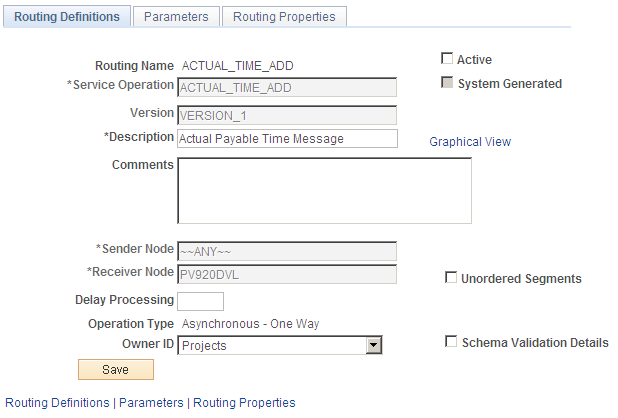 Routing Definitions page