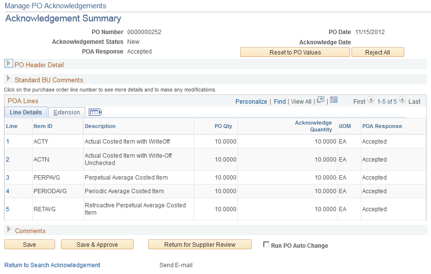 Manage PO Acknowledgements - Acknowledgement Summary page