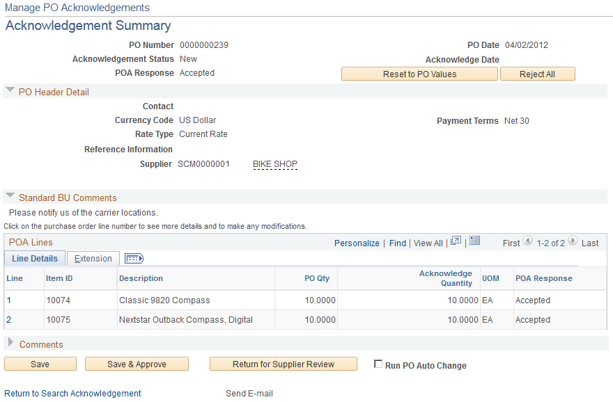 Acknowledge Purchase Orders - Acknowledgement Summary page