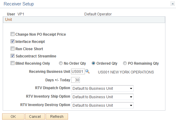 Receiver Setup page