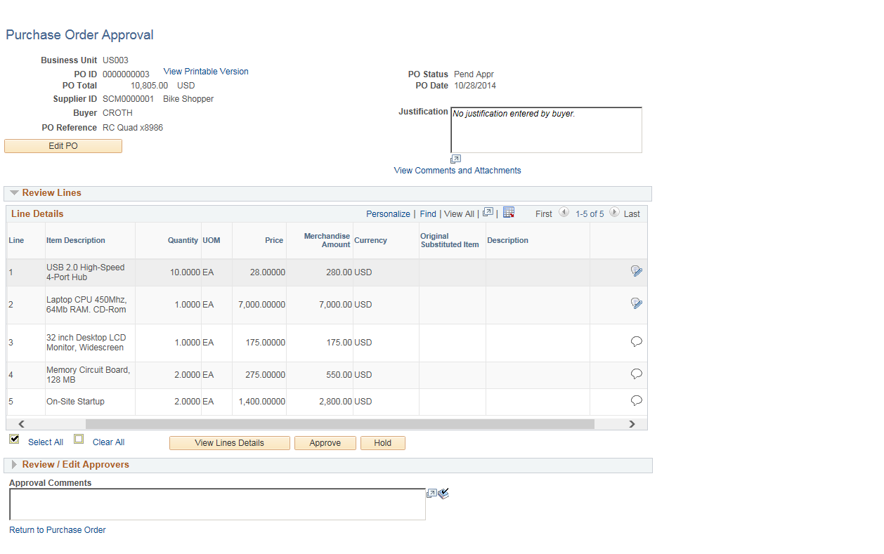 PO Approval page