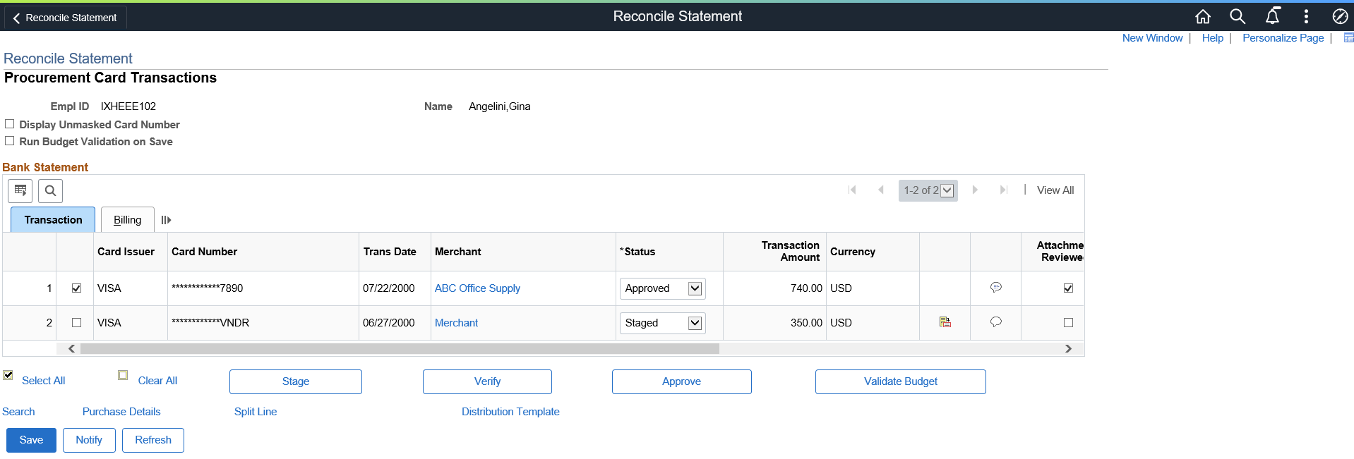 Reconcile Statement Search Result page