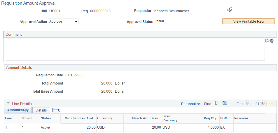 Requisition Amount Approval page