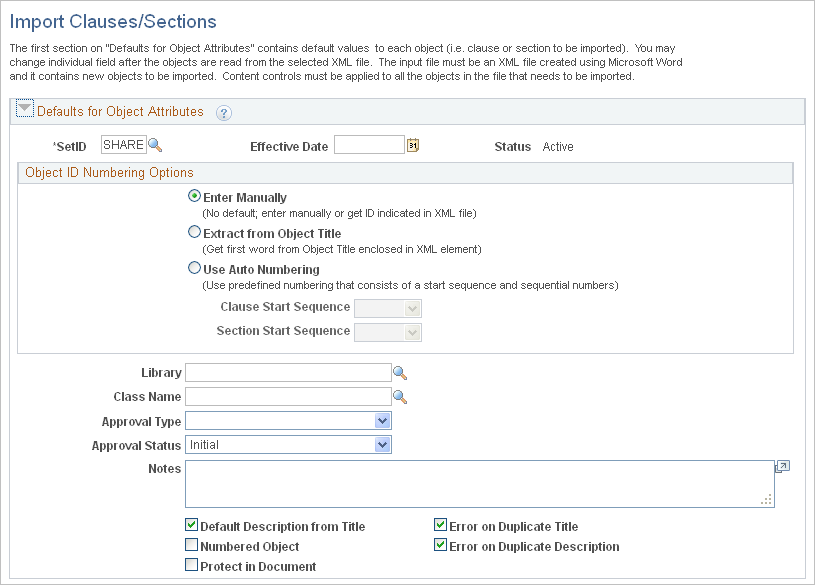 Import Clauses/Sections page (1 of 2)