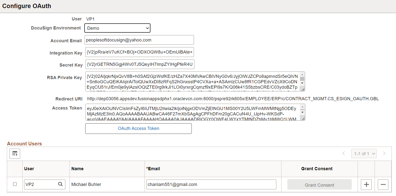 Configure OAuth page for DocuSign (1 of 2)