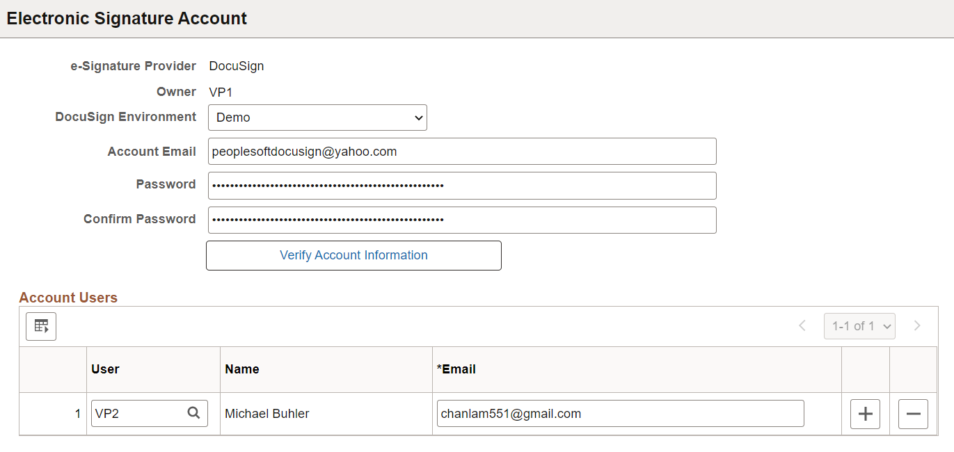 Electronic Signature Account page for DocuSign (1 of 2)