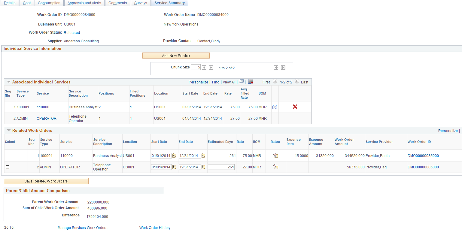 Service Summary page