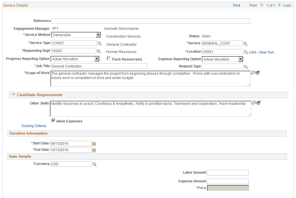Service Requisition Page (1 of 2)