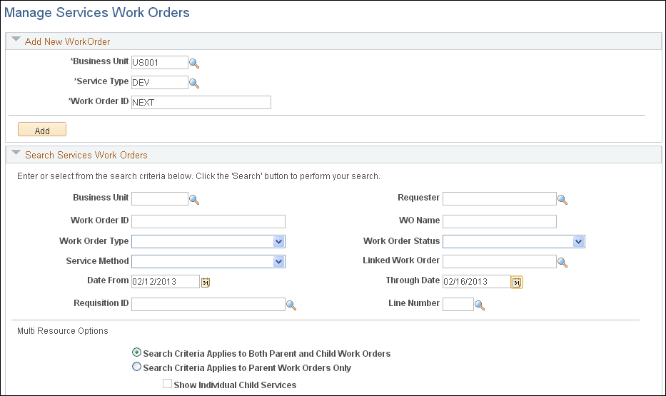 Manage Services Work Order page (1 of 2)